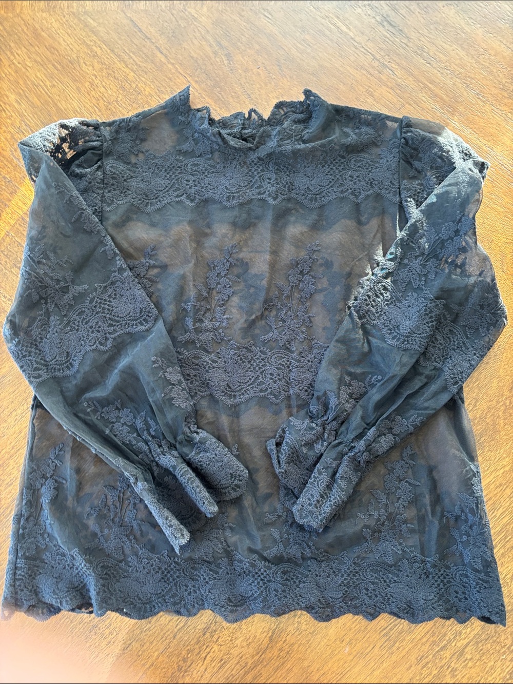 Sheer Black Lace High-Neck Long-Sleeve Top